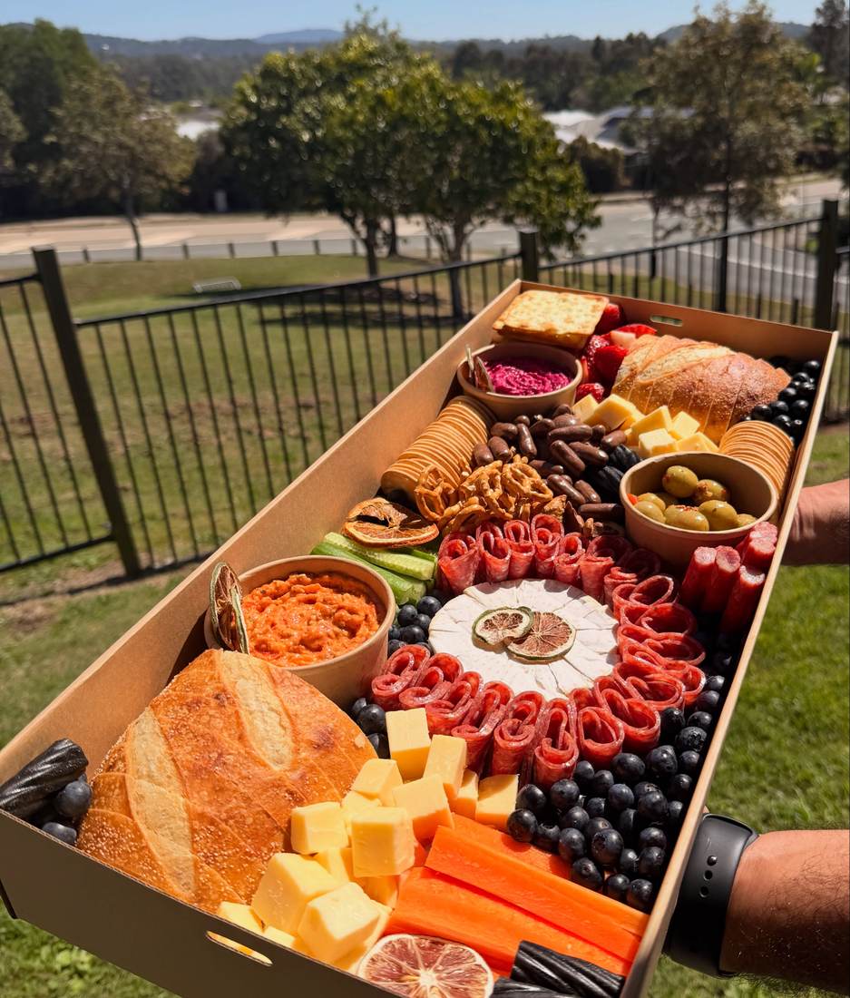 X-Large long grazing box with bread, camembert, salami, cheeses, olives and fruit